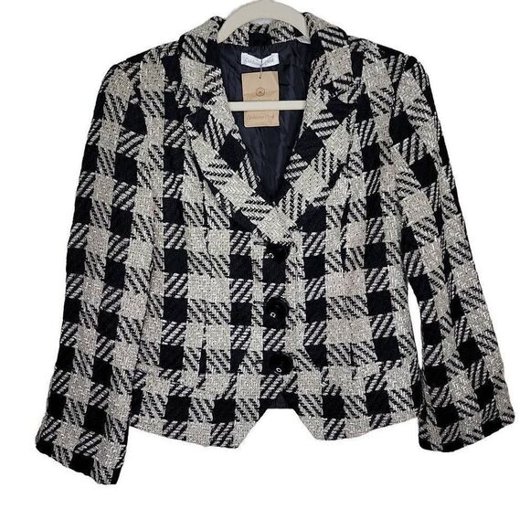 Coldwater Creek Buffalo Check Long Sleeve Blazer Jacket Black Tan Petite 10 - Picture 1 of 16